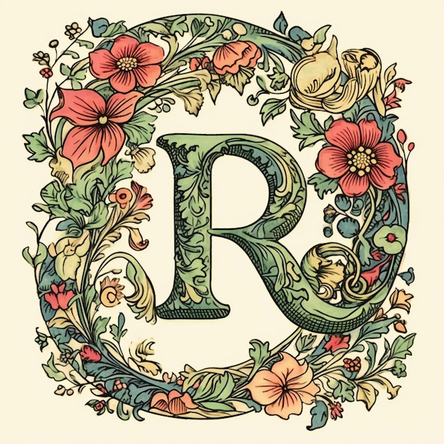 Uma letra r com flores e folhas em um quadro
