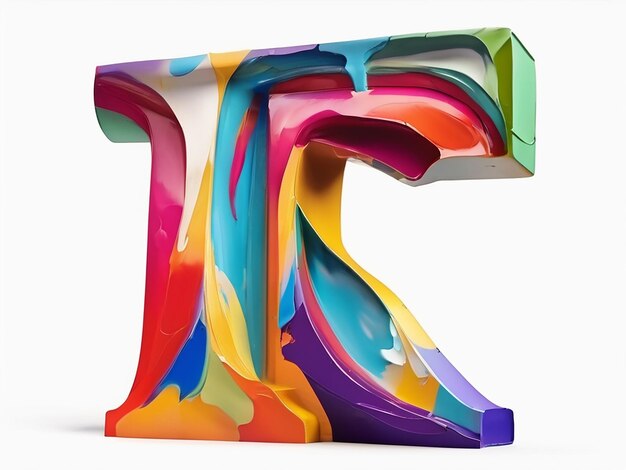 Foto uma letra tridimensional t pintada com grandes traços multicoloridos de tinta a óleo letra isolada em