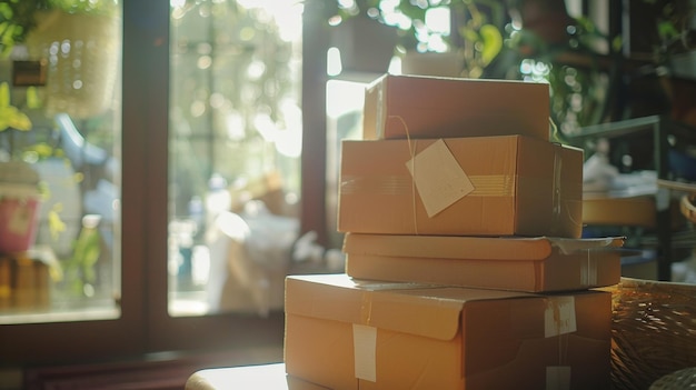 Uma leve luz dourada ilumina uma pilha de pacotes prontos para entrega