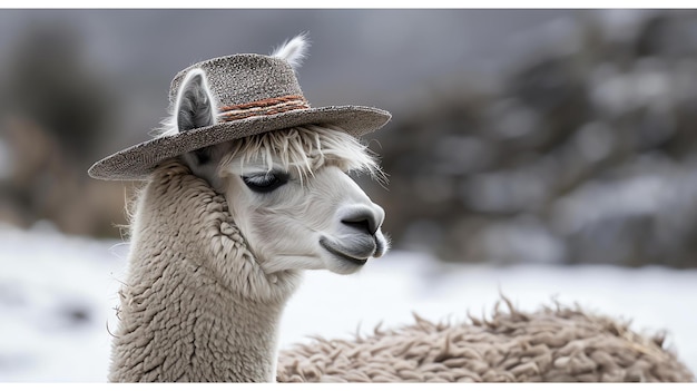 Uma lhama vestindo um chapéu de palha está de pé em um campo de neve a lhama está olhando para o lado