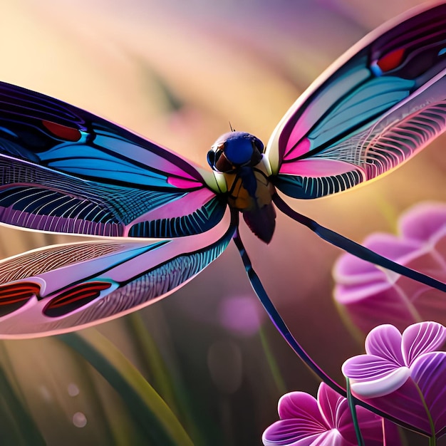 Uma libélula com asas coloridas está voando sobre um campo de flores.