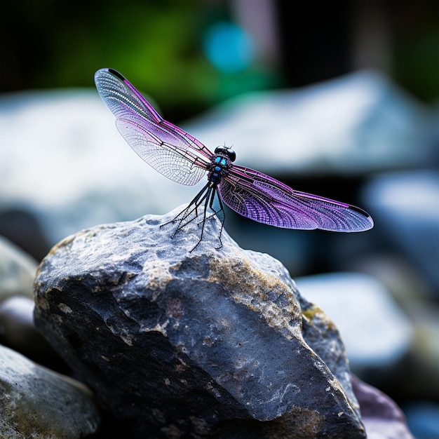 Uma libélula com asas roxas senta-se numa rocha