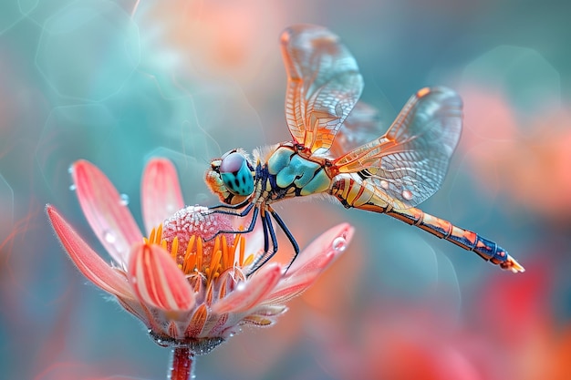 uma libélula com uma cauda azul está sentada em uma flor