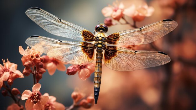 Uma libélula com uma grande envergadura está empoleirada em algumas flores ai