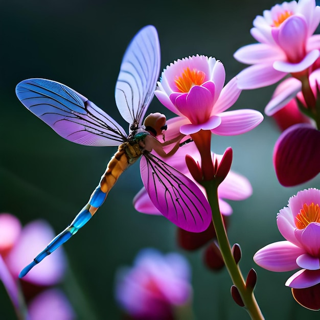 Uma libélula está em uma flor rosa com a palavra