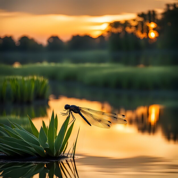 Uma libélula pairando sobre uma lagoa tranquila