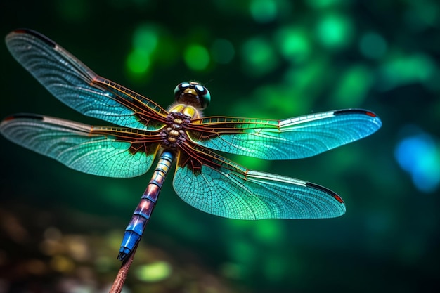 Uma libélula senta-se sobre um fundo azul e verde