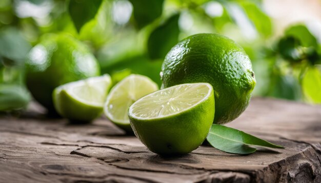 Uma lima verde é cortada ao meio numa mesa de madeira