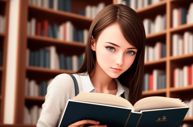 Uma linda aluna está lendo um livro na biblioteca no contexto das estantes Generative AI
