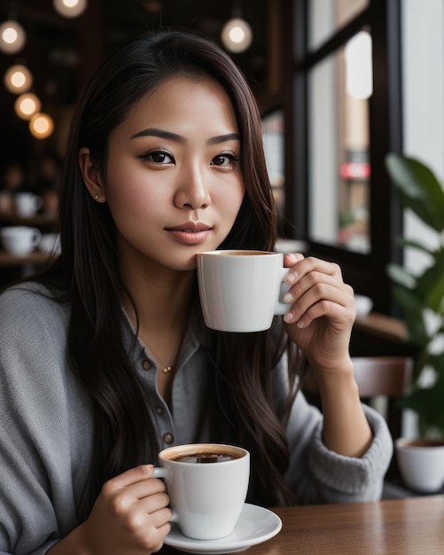 Uma linda asiática a beber café quente.