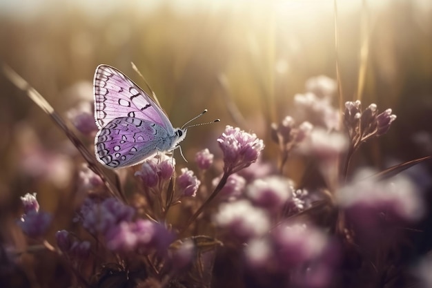 Uma linda borboleta rosa voa sobre um campo florido Generative AI