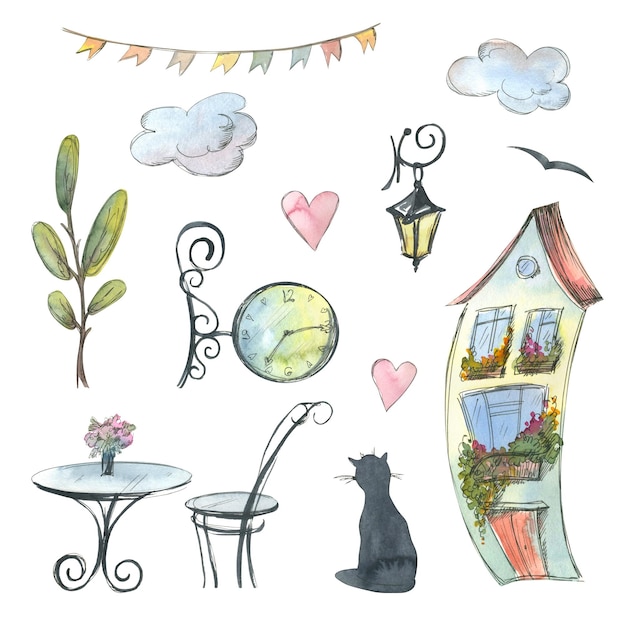 Uma linda casa com uma lanterna um relógio um gato nuvens corações uma árvore uma mesa uma cadeira uma guirlanda de bandeiras Ilustração em aquarela Um conjunto da coleção PARIS Para a decoração e design