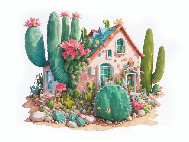 Uma linda casa de fadas de cactus Ilustração de IA generativa