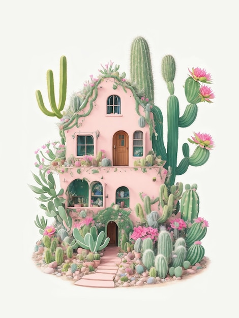 Uma linda casa de fadas de cactus Ilustração de IA generativa