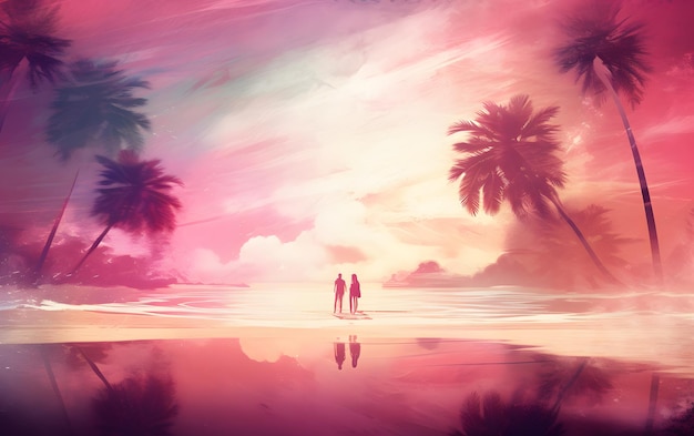uma linda cena de praia no estilo de cromaticidade ousada amor exótico pôr-do-sol