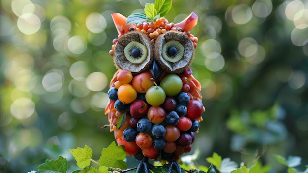 Uma linda coruja feita de frutas e legumes
