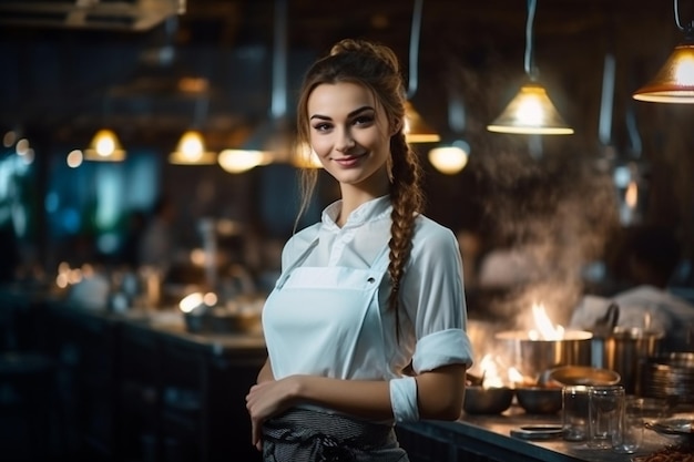 Foto uma linda cozinheira pronta para cozinhar na cozinha do restaurante.