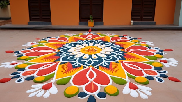 Uma linda diya de diwali com desenho de rangoli