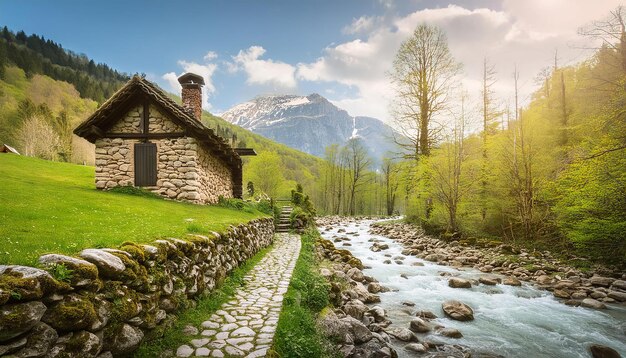 Foto uma linda e aconchegante casa de pedra numa floresta de primavera ao lado de um caminho de paralelepípedos