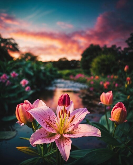 Foto uma linda flor de lírio num jardim um pequeno rio ao fundo