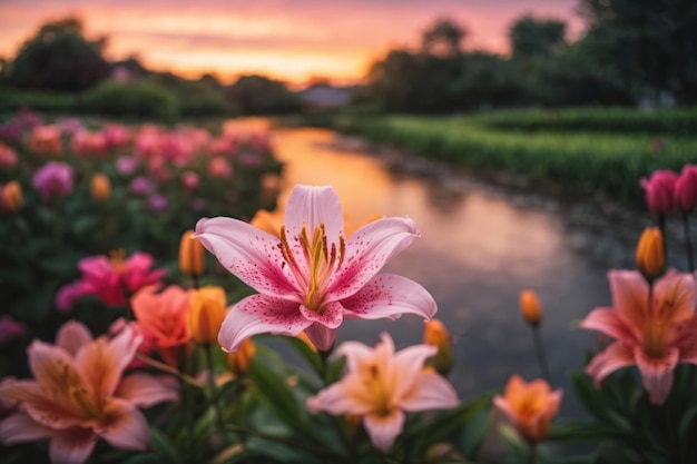 Foto uma linda flor de lírio num jardim um pequeno rio ao fundo