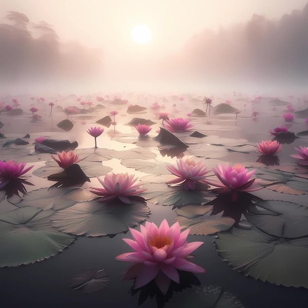 Uma linda flor de lótus rosa a florescer na lagoa com a névoa.