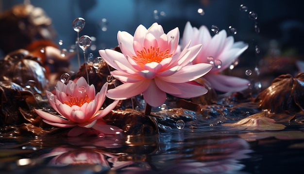 Uma linda flor de lótus rosa flutua na água tranquila de um lago gerada por inteligência artificial