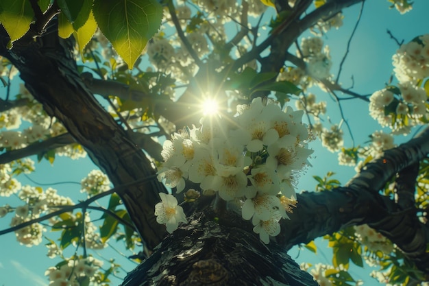 Uma linda flor rosa com um céu azul no fundo a flor está em plena floração e o céu é