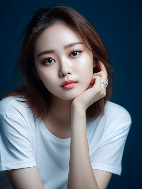 Uma linda foto de meio corpo de uma garota coreana com a mão na bochecha vestindo uma camiseta branca com os olhos voltados para frente