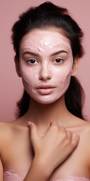 Uma linda garota aplica uma máscara facial cosmética rosa baga com fundo rosa Generative AI