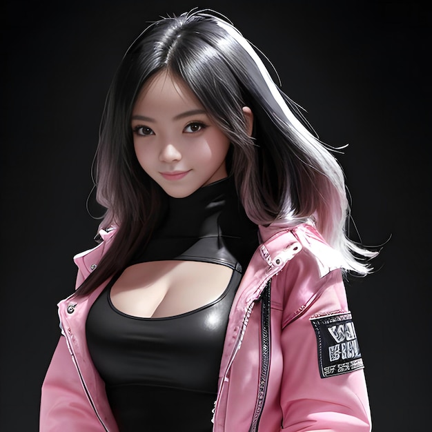 Uma linda garota asiática com uma jaqueta rosa