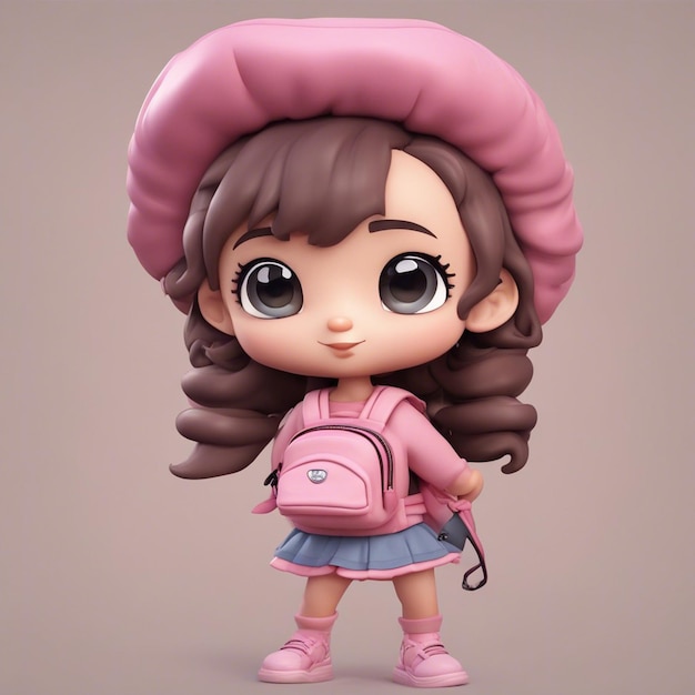 Foto uma linda garota chibi com vestido rosa e bolsa escolar rosa ilustração vetorial
