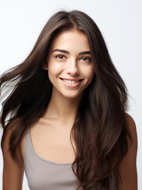Foto uma linda garota com cabelos longos e lisos sorrindo em ia generativa de fundo branco