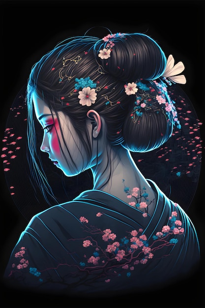 Uma linda garota com um coque preto e uma ilustração de grampo de cabelo de flor de cerejeira de quimono japonês azul