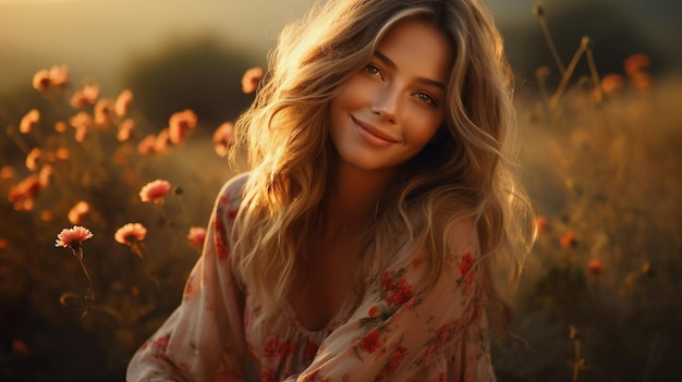 Uma linda garota com um sorriso no rosto vestida com roupas leves de verão senta-se entre flores silvestres um belo pôr do sol