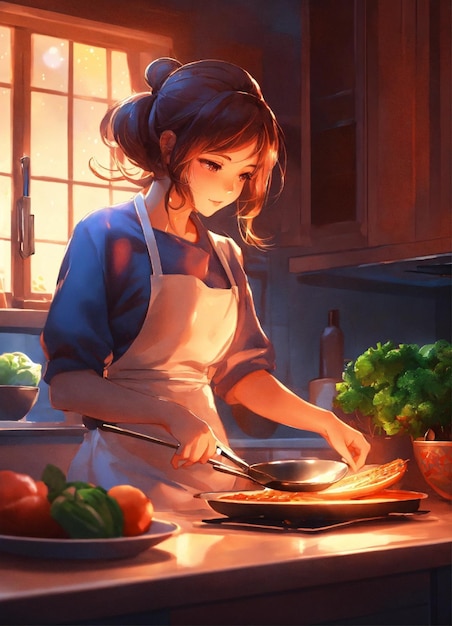 Uma linda garota de anime lofi cozinhando jantar em casa durante a noite impressionante arte de anime por artgerm 8k a