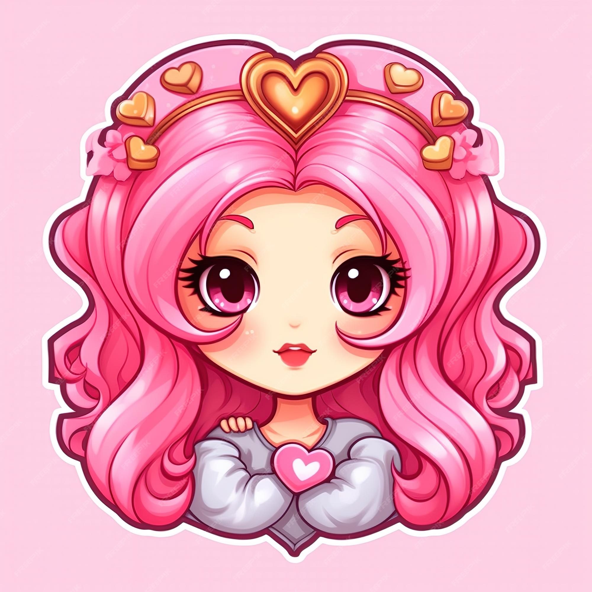 Desenho animado no estilo kawaii de uma linda garota com cabelo colorido  segurando uma boneca de cabelo cor-de-rosa