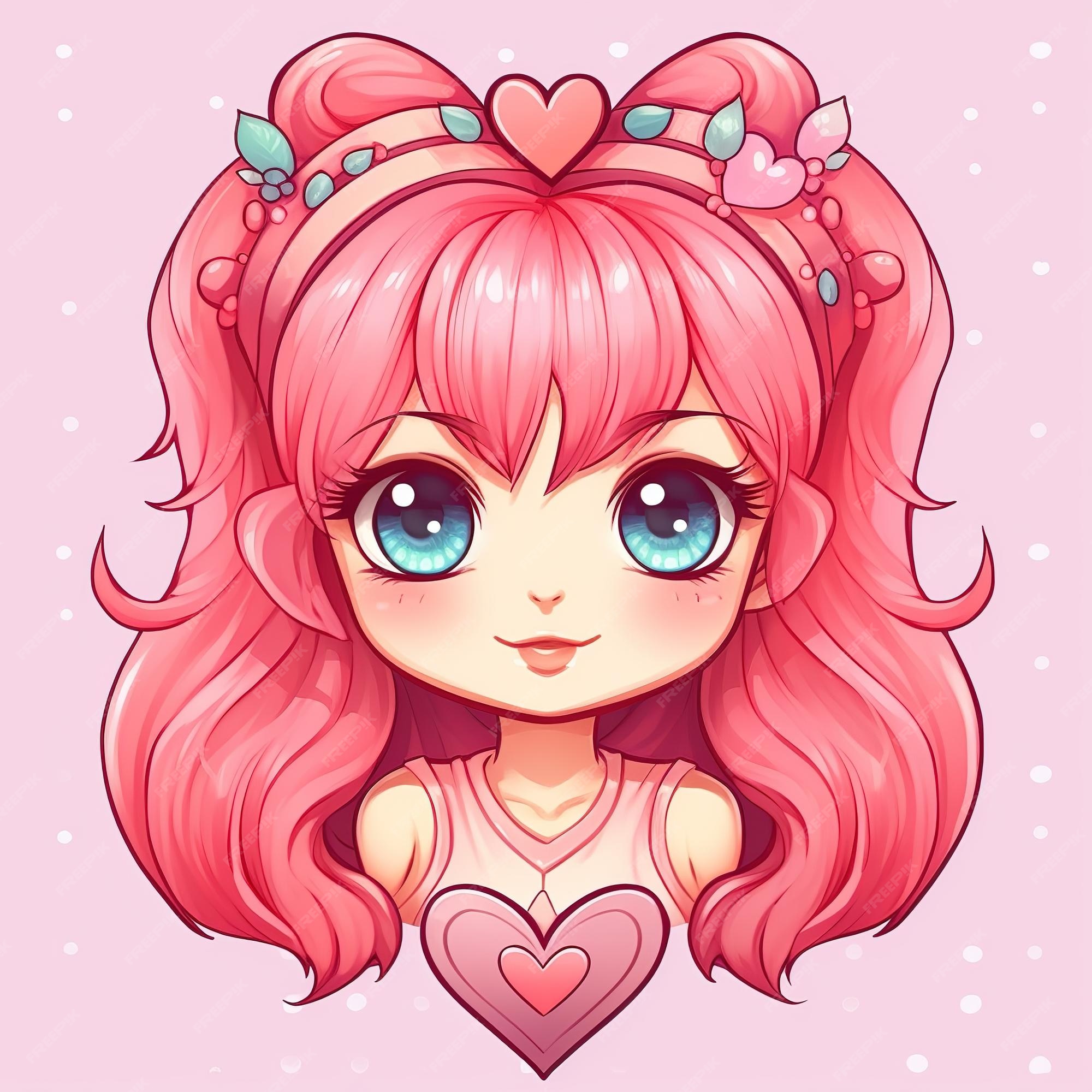 Desenho animado no estilo kawaii de uma linda garota com cabelo colorido  segurando uma boneca de cabelo cor-de-rosa