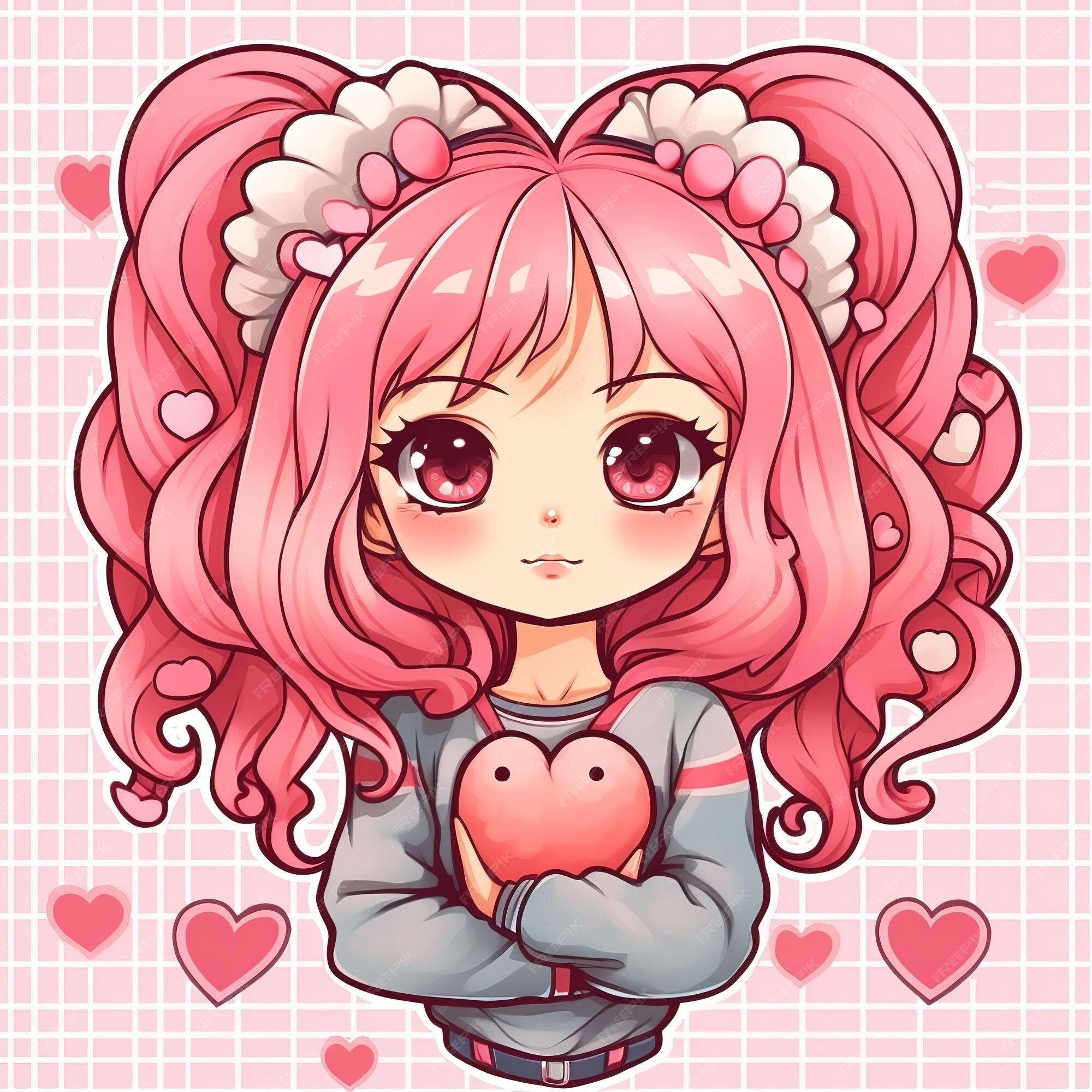 Desenho animado no estilo kawaii de uma linda garota com cabelo colorido  segurando uma boneca de cabelo cor-de-rosa