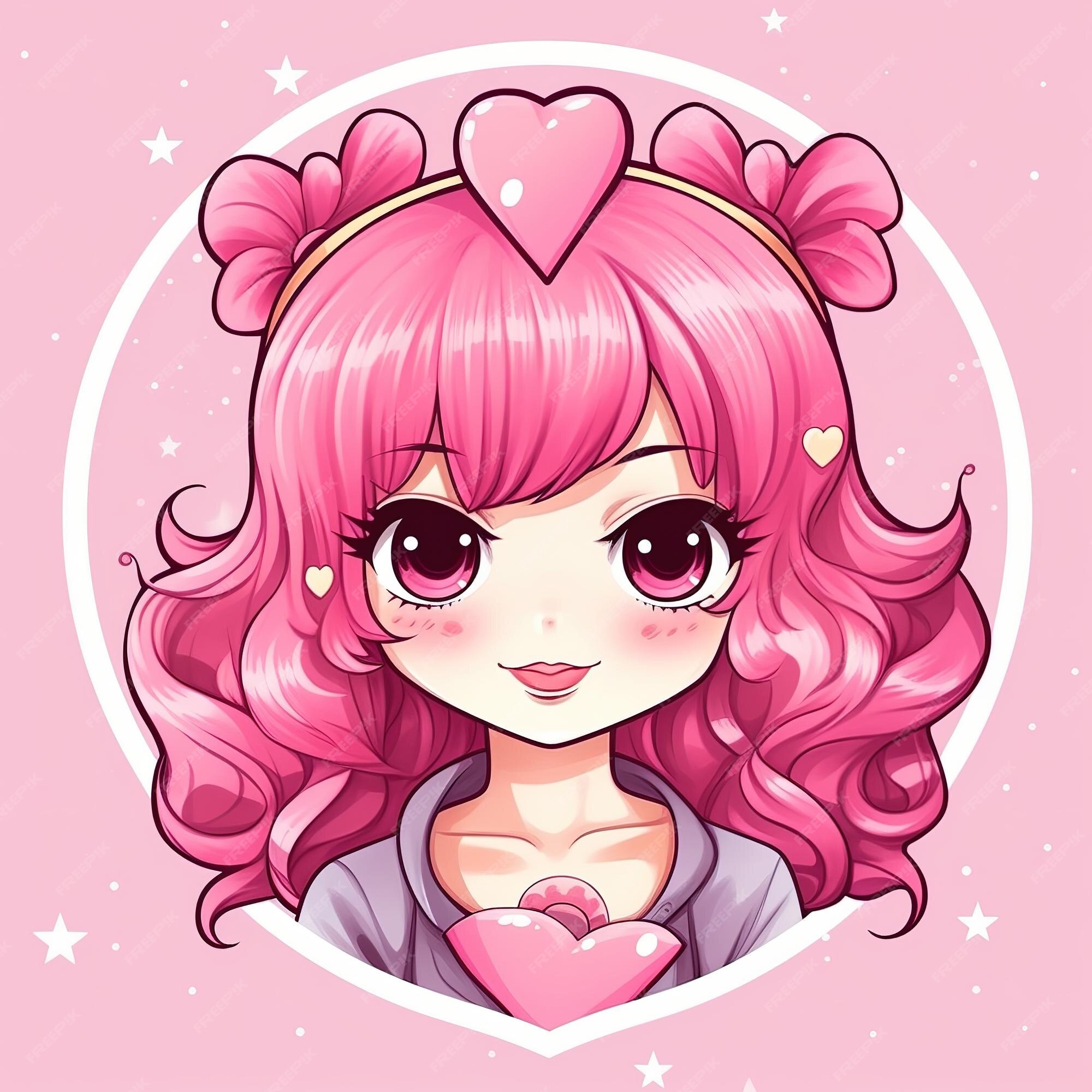 Desenho animado no estilo kawaii de uma linda garota com cabelo colorido  segurando uma boneca de cabelo cor-de-rosa