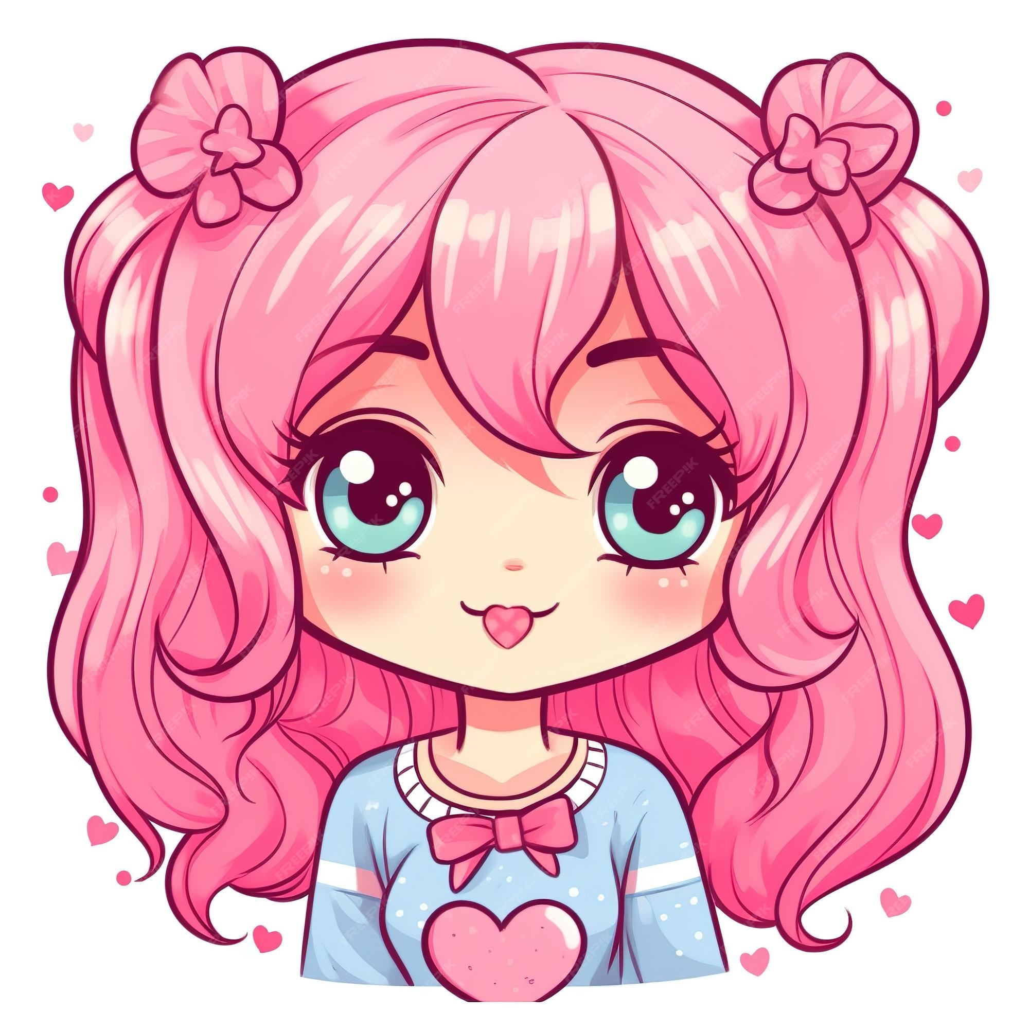 Garota de moda chibi isolada, personagem de desenho animado kawaii com  cabelo rosa e roupa de cor doce