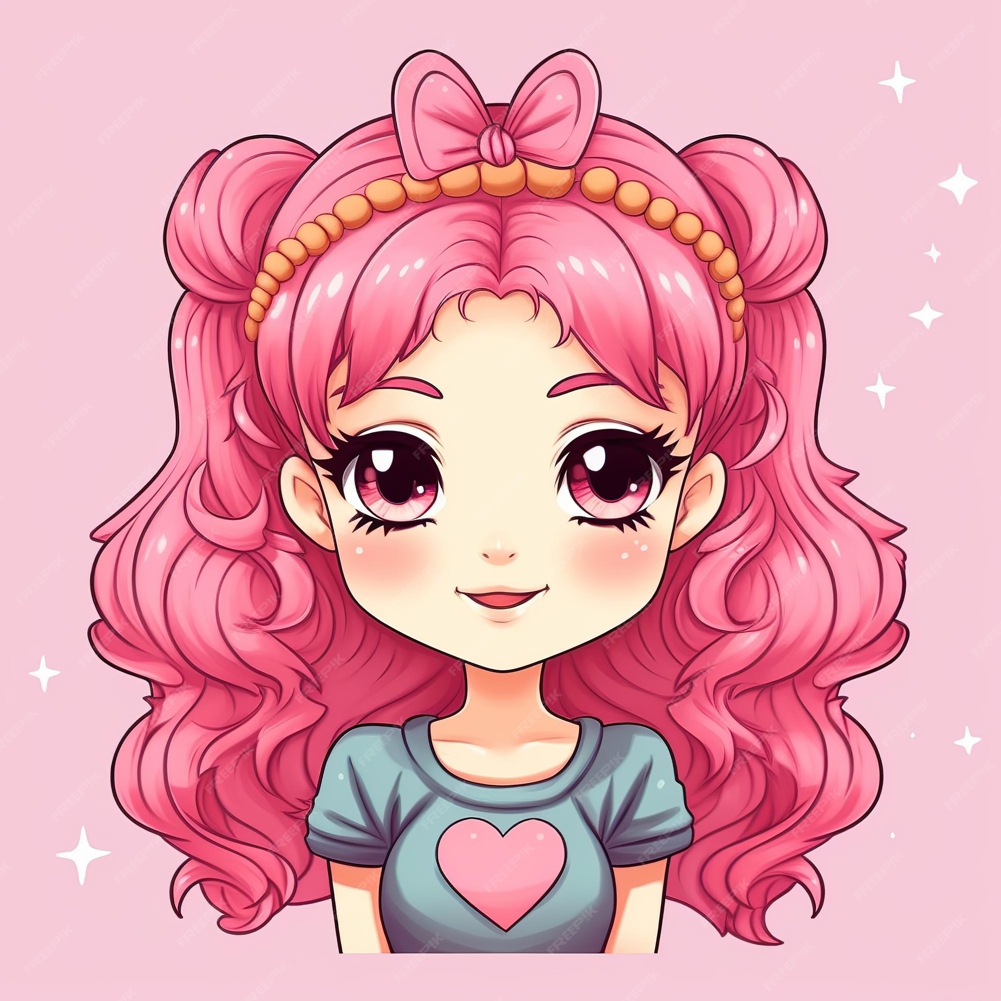 Garota de moda chibi isolada, personagem de desenho animado kawaii com  cabelo rosa e roupa de cor doce