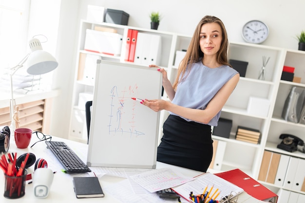 Uma linda garota em um escritório fica perto de uma mesa e explica em um quadro negro magnético um cascalho.