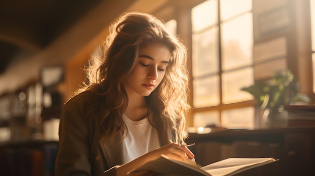 Uma linda garota lendo um livro na biblioteca com luz solar suave sobre ela