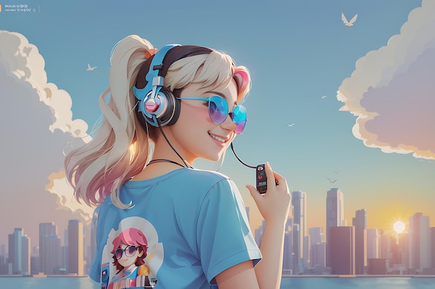 uma linda garota lindos óculos de sol curtindo música com fones de ouvido Illustrator