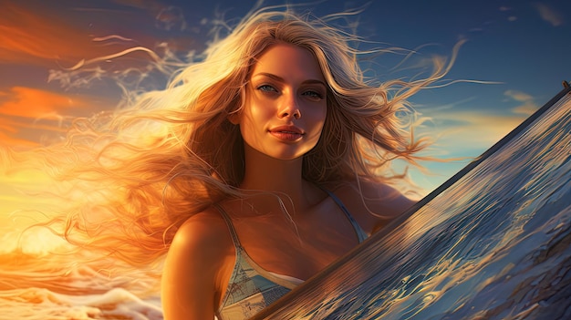 Uma linda garota no fundo do oceano e pôr do sol uma geração de surfista AI