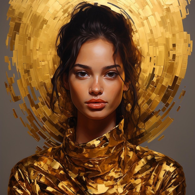 Uma linda garota vestindo um pano dourado no fundo do círculo dourado pintura generativa AI
