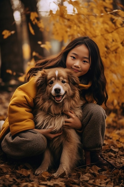 uma linda garotinha com uma jaqueta amarela sentada com um cachorro vermelho Akita inu no chão IA generativa