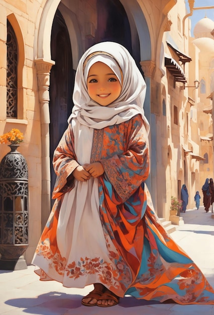 Uma linda garotinha usando hijab e abaya em uma bela cidade árabe