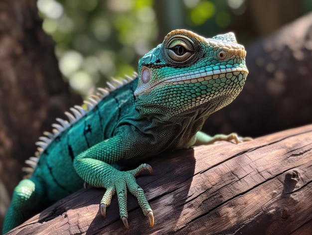 Uma linda iguana verde na árvore